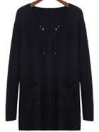 Romwe Long Sleeve Buttons Pockets Black Coat