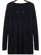 Romwe Long Sleeve Buttons Pockets Black Coat