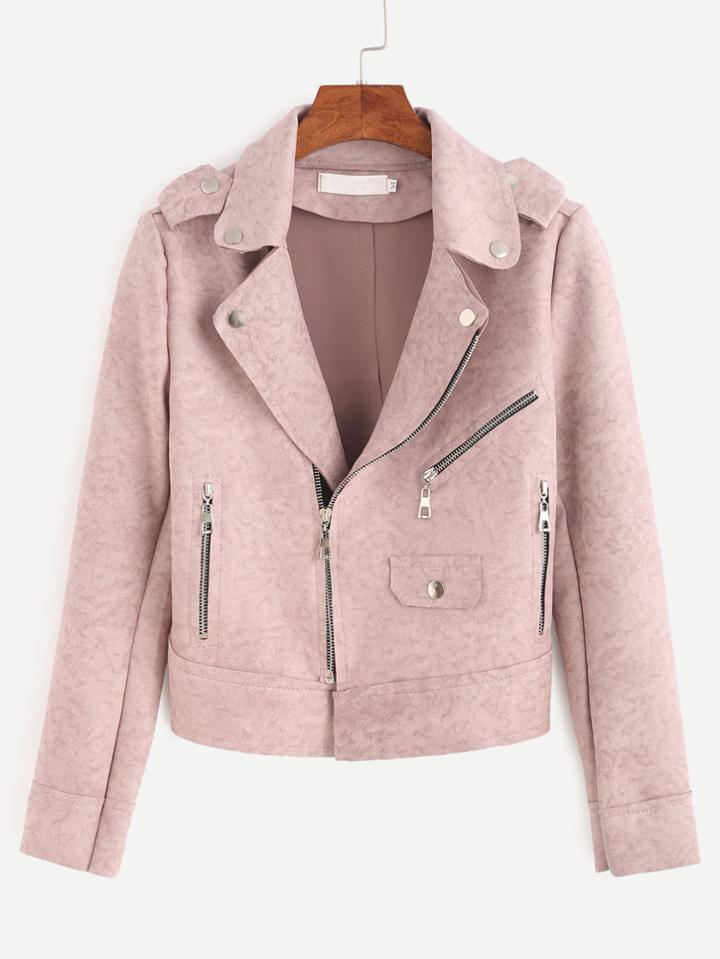 Romwe Pink Epaulet Zipper Detail Suede Biker Jacket