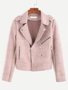 Romwe Pink Epaulet Zipper Detail Suede Biker Jacket