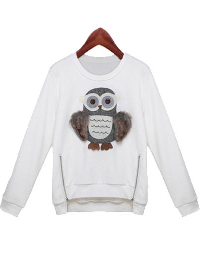 Romwe Owl Pattern Zipper Loose White Sweatshirt