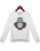 Romwe Owl Pattern Zipper Loose White Sweatshirt