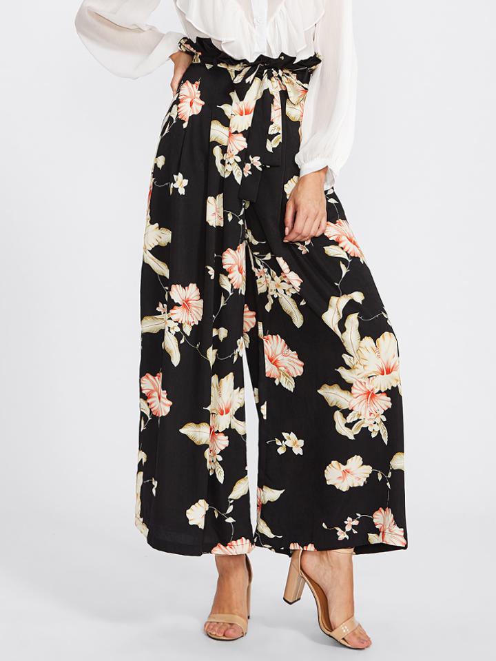 Romwe Belted Frill Waist Box Pleated Palazzo Pants