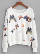Romwe White Butterfly Print Drop Shoulder Sweatshirt