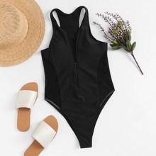 Romwe Fish Net Panel Zipper-up Tank One Piece Swimwear