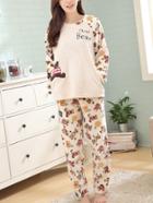 Romwe Contrast Raglan Sleeve Embroidered Plush Pj Set