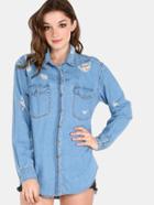 Romwe Distressed Flannel Button Up Top Light Denim