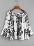 Romwe White Paisley Print Tie Neck Bell Sleeve Blouse