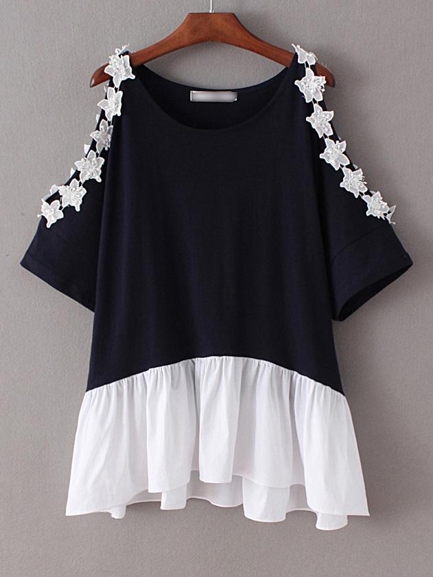 Romwe Black Cold Shoulder Dolman Sleeve Ruffle Blouse