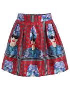 Romwe Woman Head Print Flare Skirt
