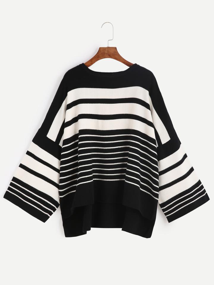 Romwe Black White Striped Drop Shoulder High Low Sweater