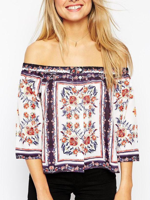 Romwe Cold Shoulder Florals Blouse