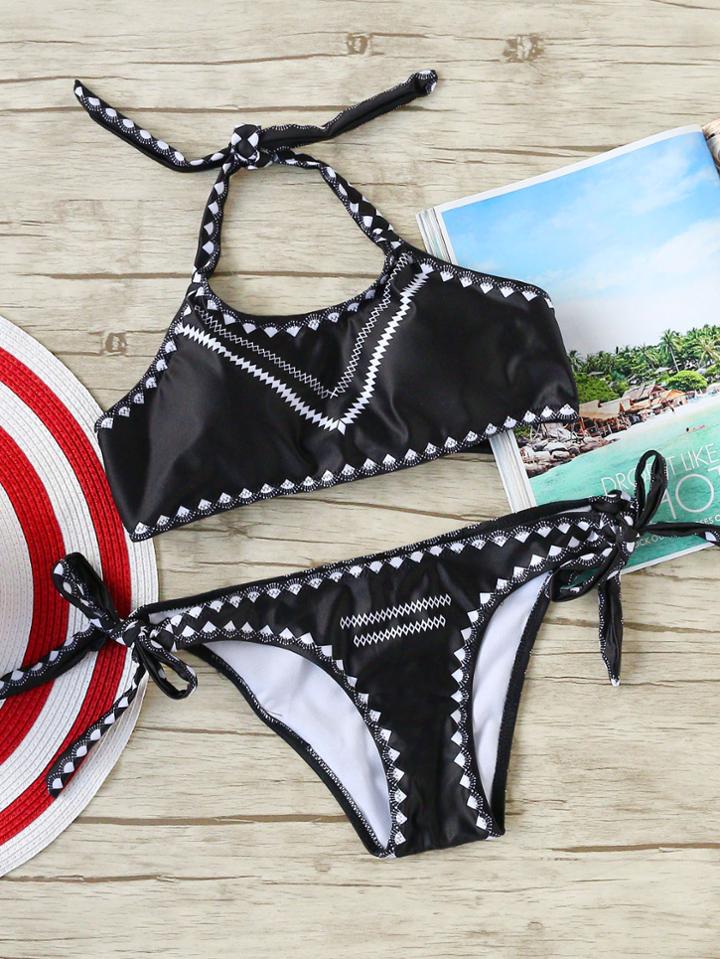 Romwe Black Printed Side Tie Bikini Set