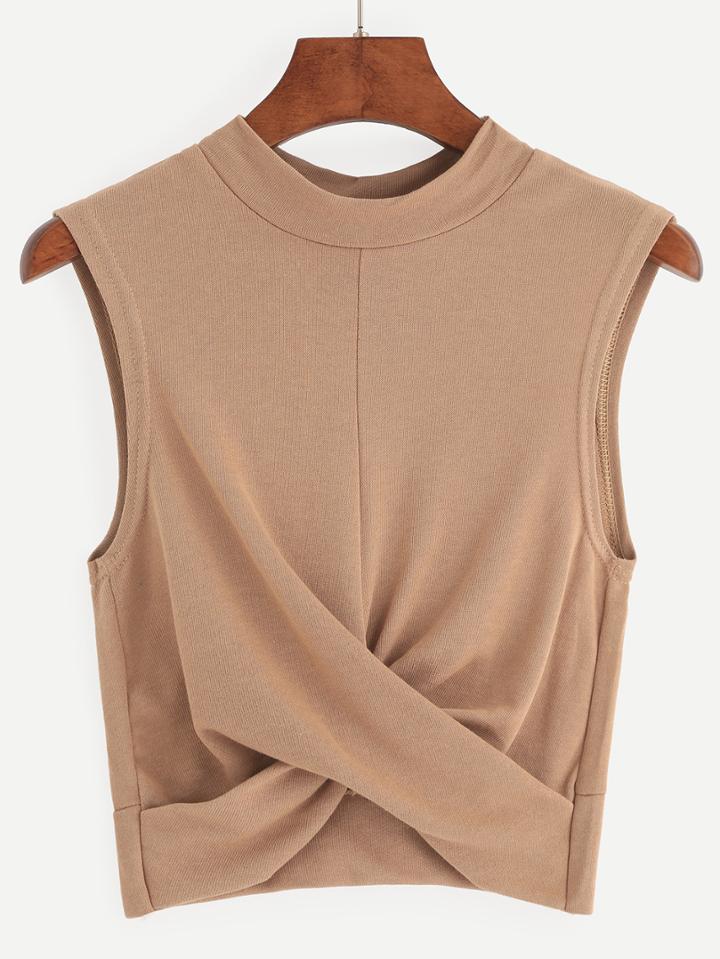 Romwe Khaki Draped Front Crop Tank Top