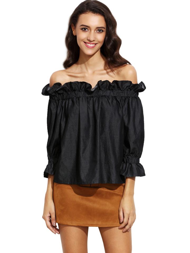 Romwe Black Off The Shoulder Ruffle Half Sleeve Blouse