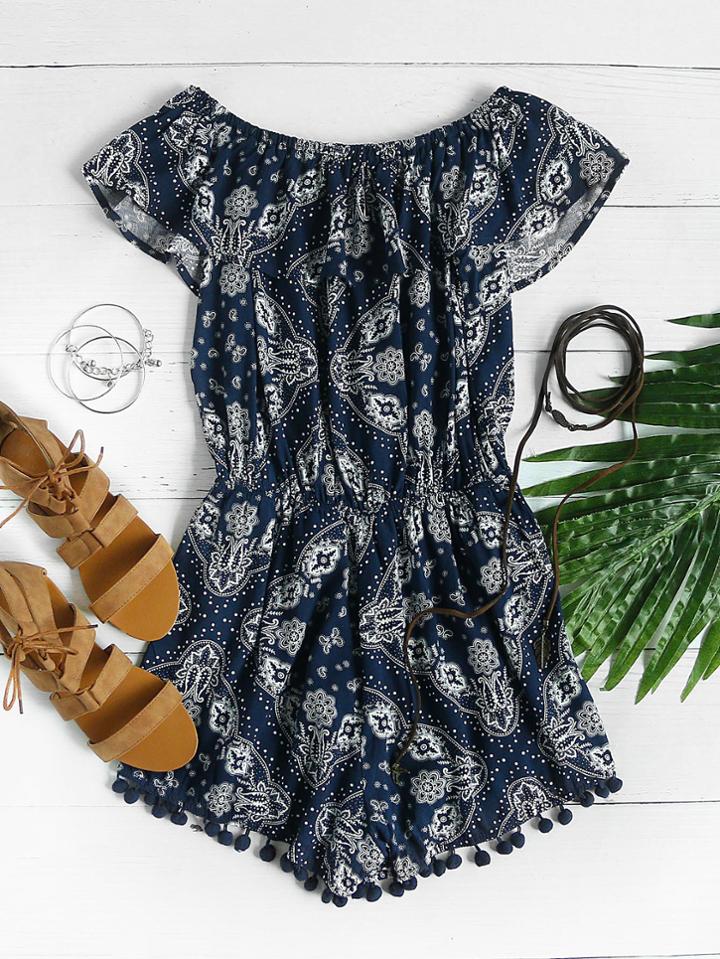 Romwe Flounce Layer Ditsy Print Elastic Waist Pom Pom Romper