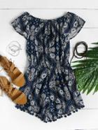 Romwe Flounce Layer Ditsy Print Elastic Waist Pom Pom Romper