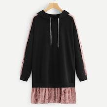 Romwe Contrast Velvet 2 In 1 Drawstring Hoodie Dress