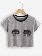 Romwe Contrast Neck Heather Knit Graphic T-shirt