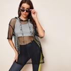 Romwe Letter Tape Fishnet Mesh Hoodie