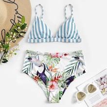 Romwe Striped Top With Random Tropical High Waist Bikini
