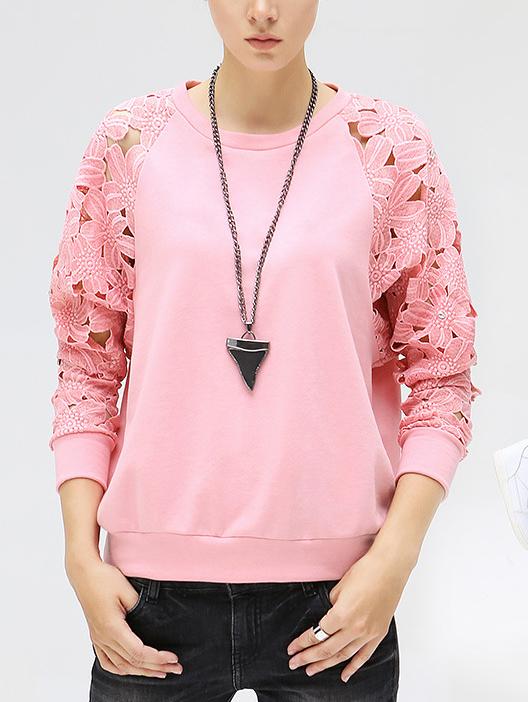 Romwe Raglan Sleeve Hollow Out Pink Sweatshirt
