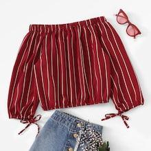 Romwe Striped Off The Shoulder Knot Sleeve Blouse