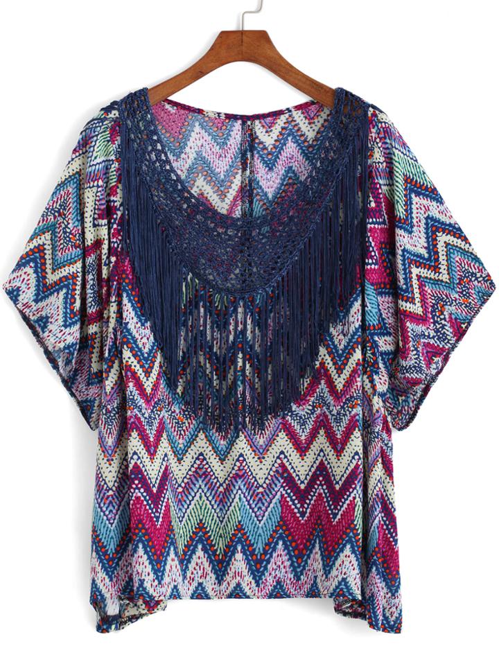 Romwe With Tassel Zigzag Print Rose Red Top