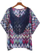 Romwe With Tassel Zigzag Print Rose Red Top