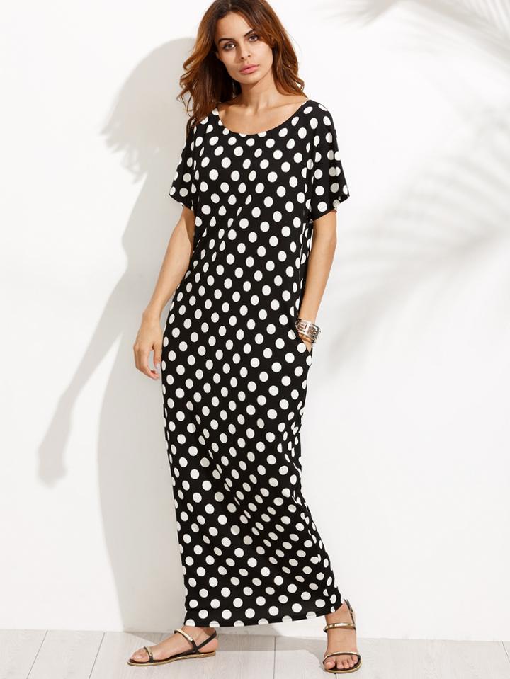 Romwe Polka Dot Pocket Maxi Dress