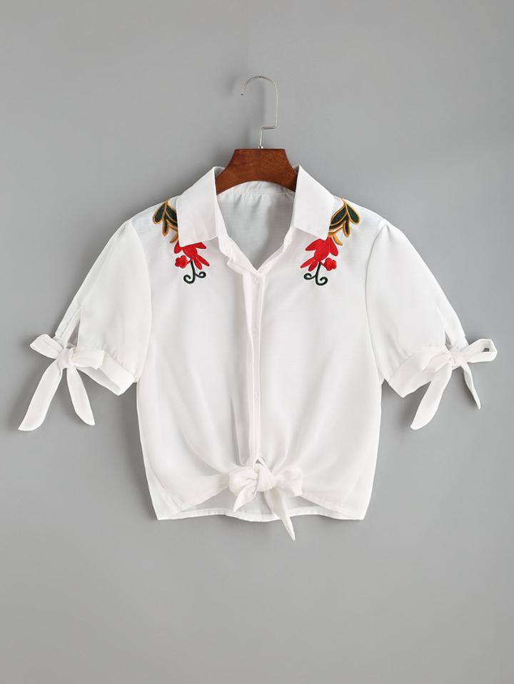 Romwe White Flower Embroidered Tie Front Crop Blouse
