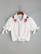 Romwe White Flower Embroidered Tie Front Crop Blouse