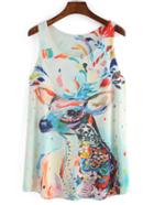 Romwe Deer Print White Tank Top