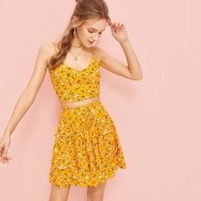 Romwe Ditsy Floral Print Top With Ruffle Trim Skirt