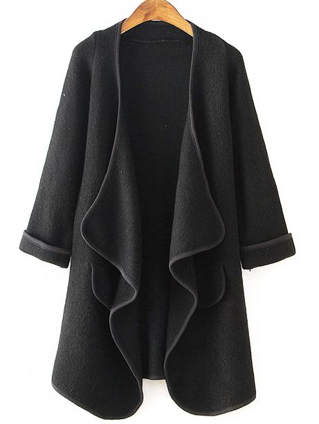 Romwe Long Sleeve Drape Front Black Coat