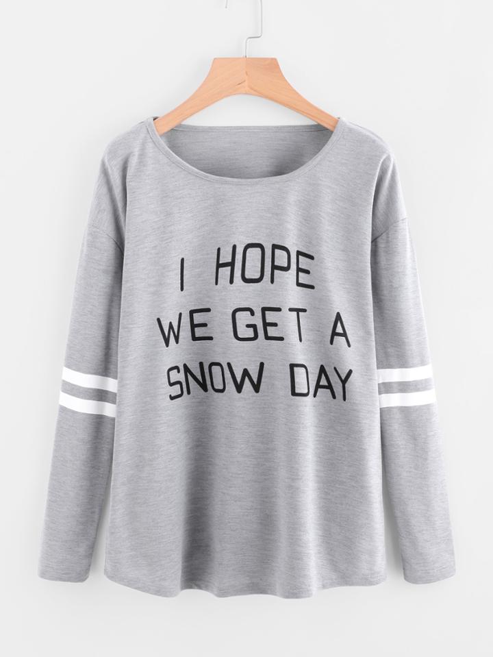 Romwe Varsity Print Drop Shoulder Marled T-shirt