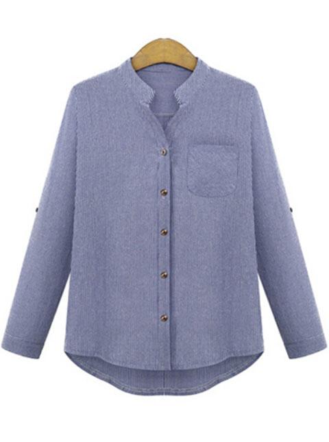 Romwe Dip Hem Vertical Striped With Pocket Blue Blouse