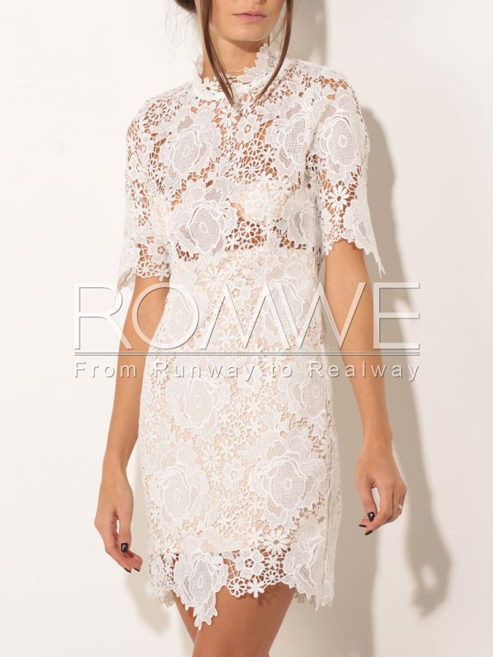 Romwe White Half Sleeve Concret Lace Dress