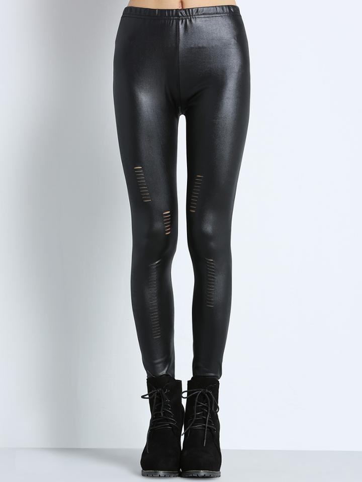 Romwe Elastic Waist Ripped Black Leggings
