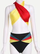 Romwe Color Block Cross Front Wrap Halter Bikini Set