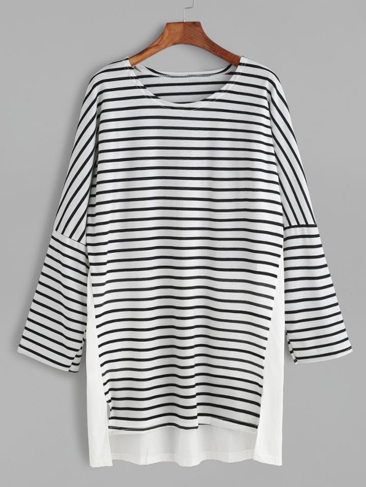 Romwe White Contrast Striped Drop Shoulder High Low Tee Dress