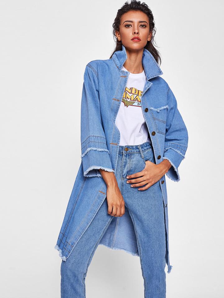 Romwe Frayed Edge Longline Denim Coat