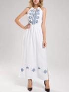 Romwe White Lace Up Embroidered Split Beach Dress