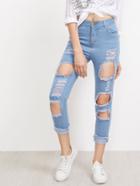 Romwe Distress Roll Up Cuff Crop Jeans