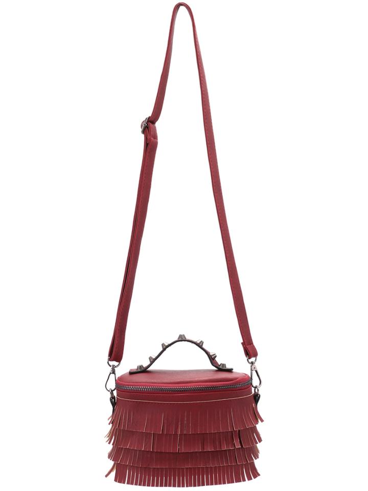 Romwe Red Zipper Studded Tassel Bag