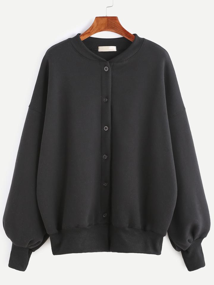 Romwe Black Dropped Shoulder Seam Button Jacket