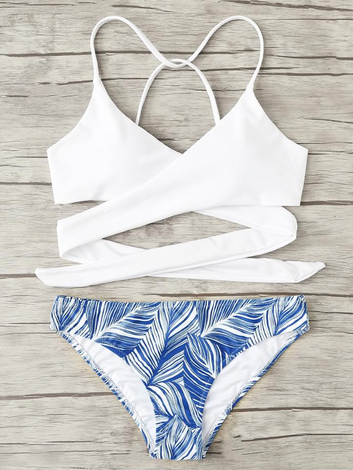 Romwe Crisscross Tropical Print Bikini Set