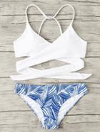 Romwe Crisscross Tropical Print Bikini Set