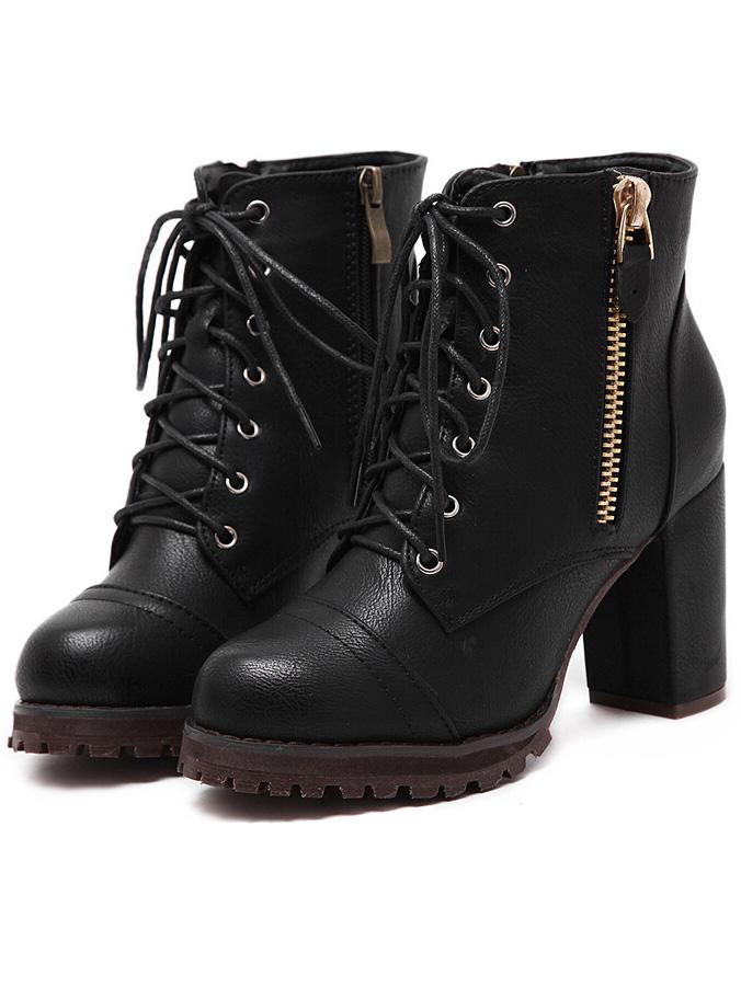 Romwe Black Lace Up Zipper Chunky Boots