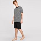 Romwe Guys Embroidery Patched Striped Top & Shorts Pj Set